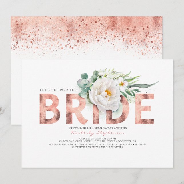Weiße Blume Rose Brautparty Gold und Grün Einladung (Vorne/Hinten)