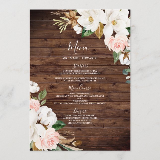 Weiße Blume Rustikales Hochzeitessen aus Holz Menükarte (Vorderseite)