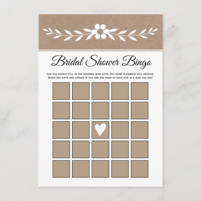 Weiße Blume, rustikales Kraftpapier, Bridal-Bingok Begleitkarte (Vorderseite)