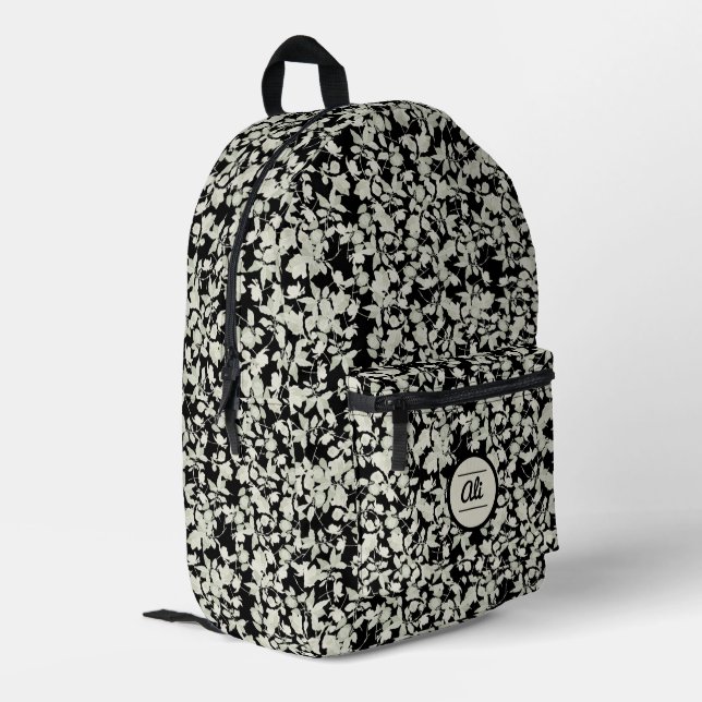 Weiße Blume, schwarzer Hintergrund Bedruckter Rucksack (Rückseitige Ecke links)