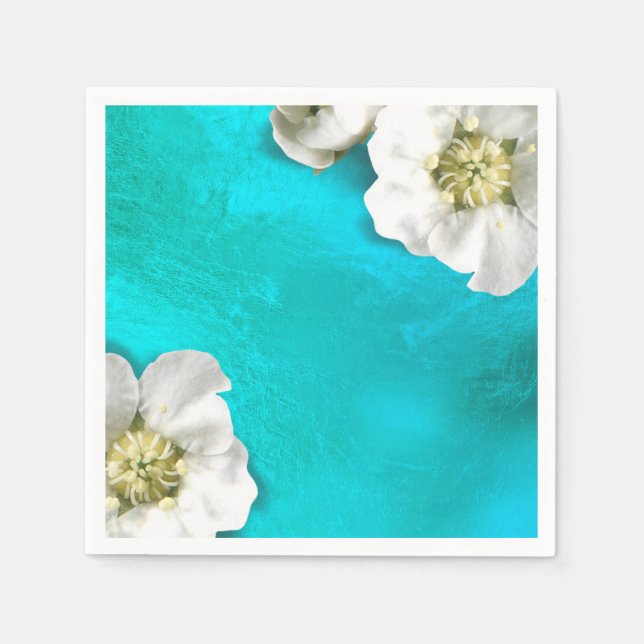 Weiße Blume Tiffany Aqua Glas Metallic Delikat Serviette (Vorderseite)