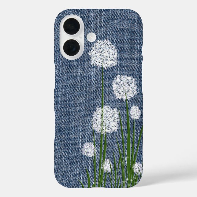 Weiße Blume über Denim iPhone 16 Hülle (Rückseite)