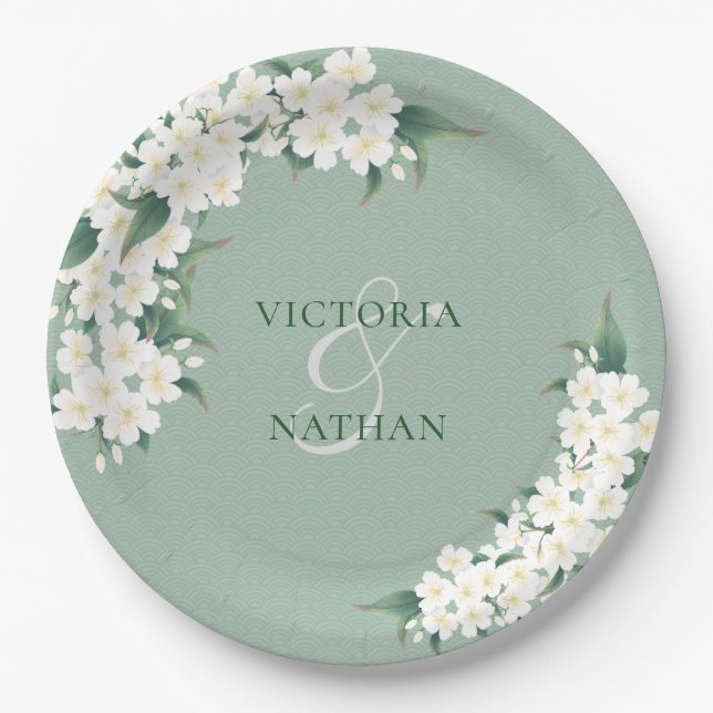Weiße Blume über die Hochzeit von Green Chinoiseri Pappteller (Vorderseite)