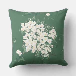 Weiße Blume über dunkelgrünes Chinoiserie-Muster Kissen