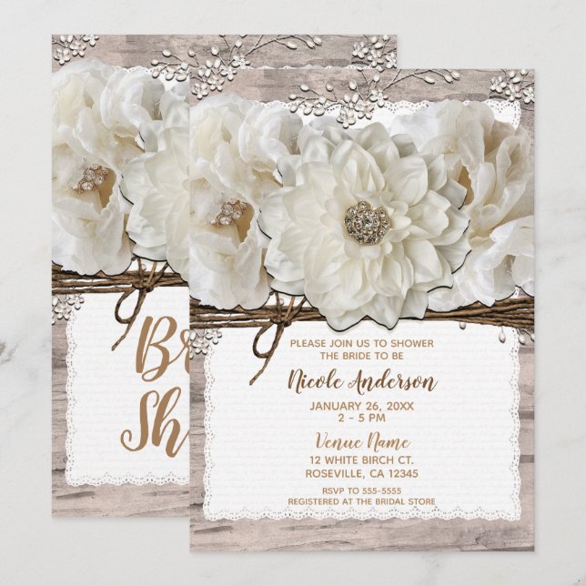 Weiße Blume und Birken Rustikales Glam Brautparty Einladung (Vorne/Hinten)