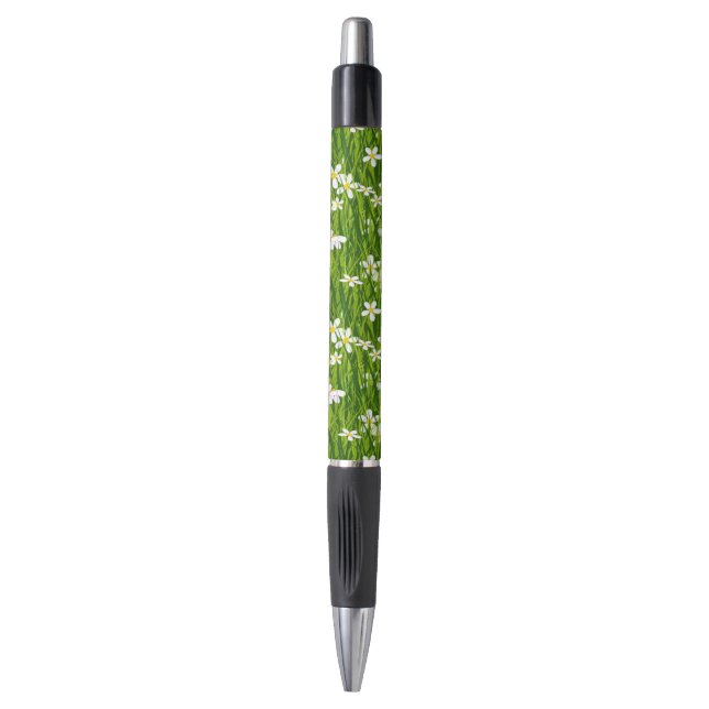 Weiße Blume und Blätter der Pflanze Schwarzer Farb Kugelschreiber (Vorderseite Vertikal)