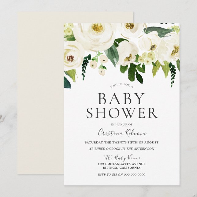 Weiße Blume und Creme Elegante Babydusche Einladung (Vorne/Hinten)