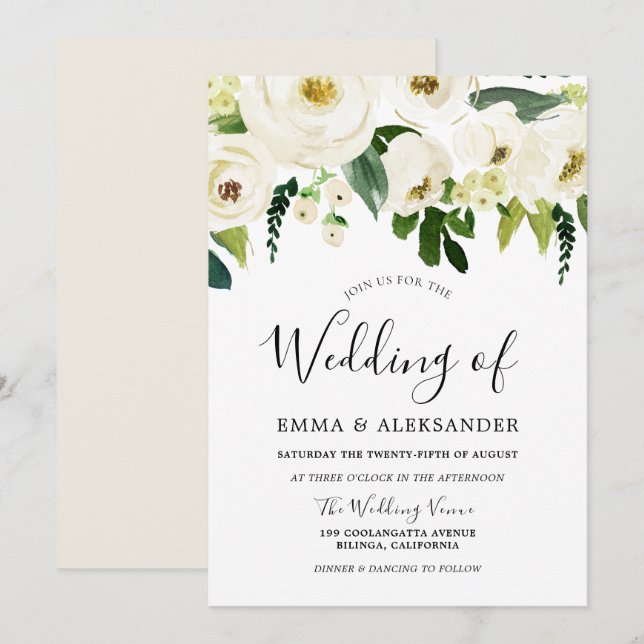 Weiße Blume und Creme Elegante Hochzeit Einladung (Vorne/Hinten)