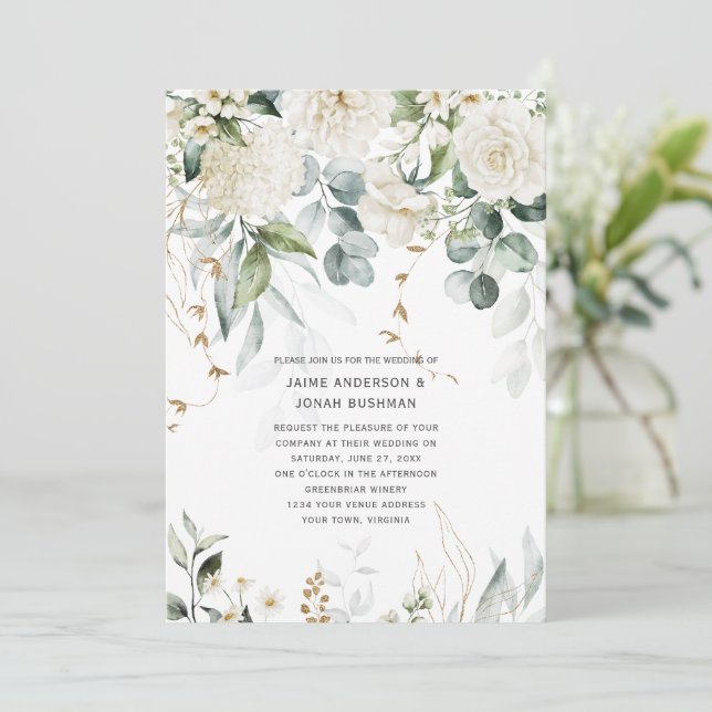 Weiße Blume und Eukalyptus-Einladung zum Hochzeits Einladung (Stehend Vorderseite)