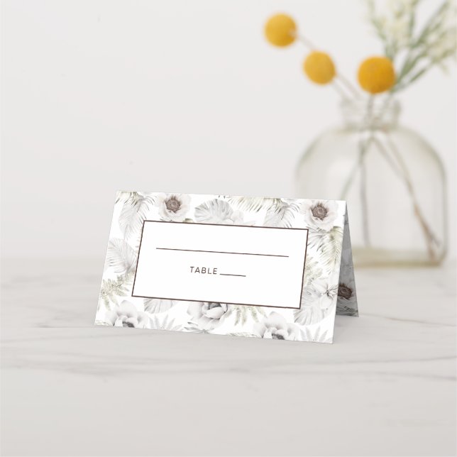Weiße Blume und Federn Platzkarte (Vorderseite)