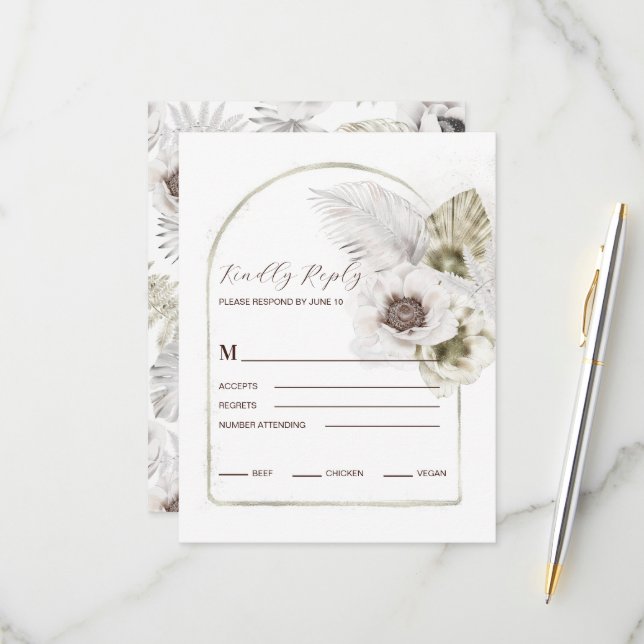 Weiße Blume und Federn RSVP Karte (Vorderseite/Rückseite Beispiel)