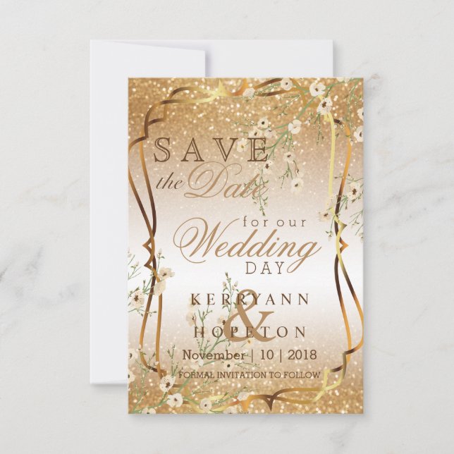 Weiße Blume und Gold Glitzer Save The Date (Vorderseite)