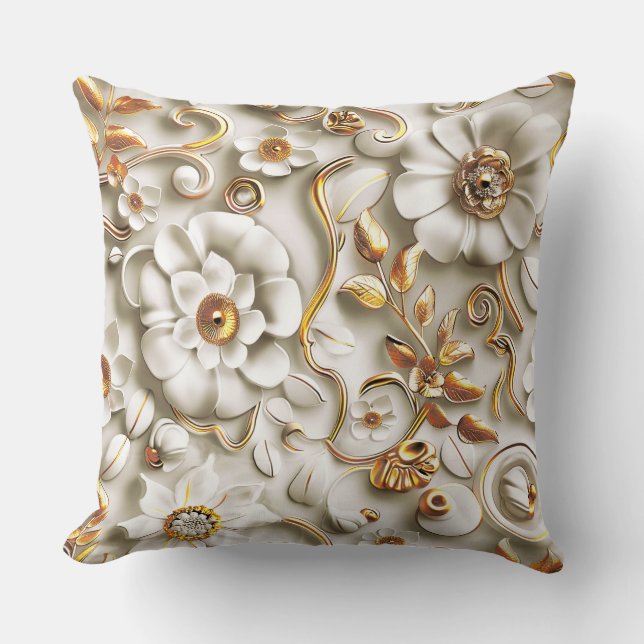 Weiße Blume und goldene Metallic-Blätter Kissen (Vorderseite)