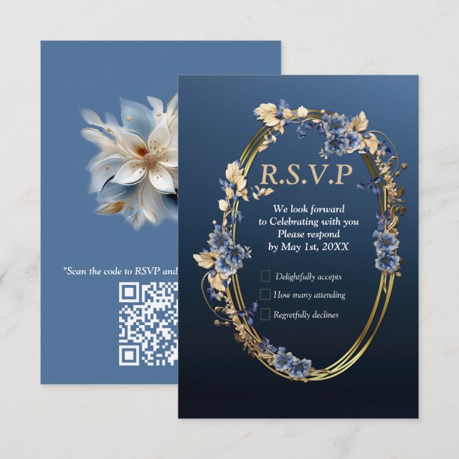 Weiße Blume und goldene Rahmen. RSVP Karte (Vorne/Hinten)