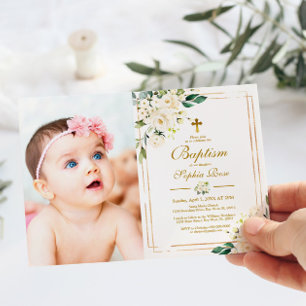 Weiße Blume und Goldrahmen Foto Girl Taufe Einladung