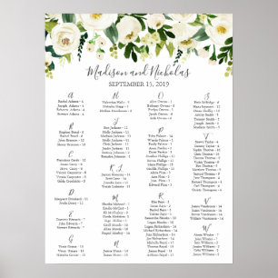 Weiße Blume und grüne alphabetische Sitzkarte Poster
