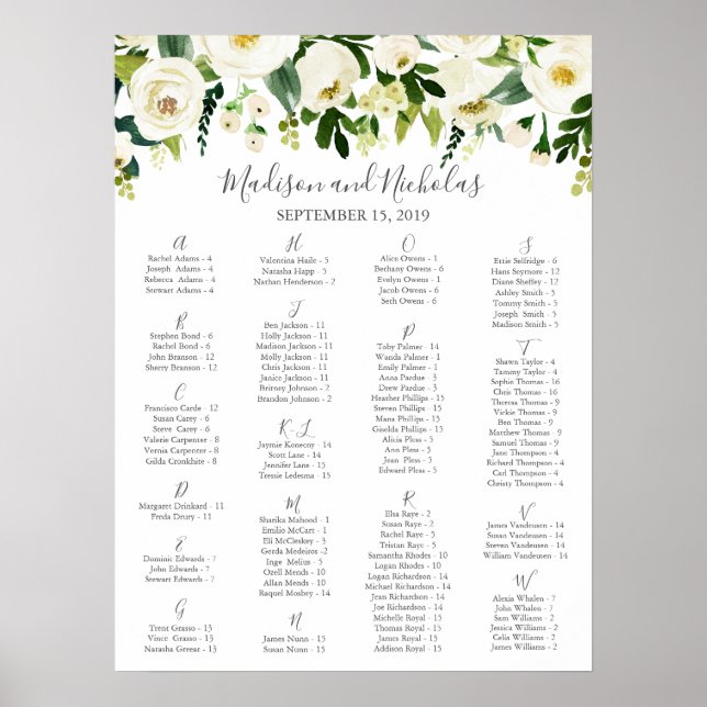 Weiße Blume und grüne alphabetische Sitzkarte Poster (Vorne)