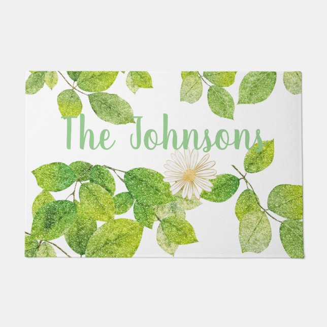 Weiße Blume und Grüne Blätter Garten Fußmatte (Vorderseite)