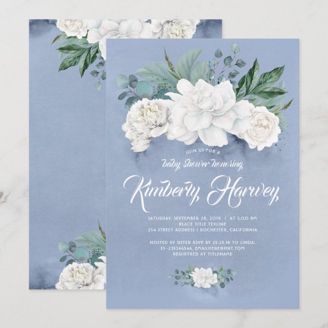 Weiße Blume und grüne Dusche Dusty Blue Baby Einladung (Vorne/Hinten)