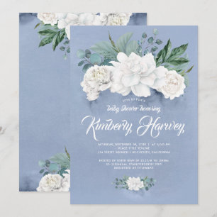 Weiße Blume und grüne Dusche Dusty Blue Baby Einladung