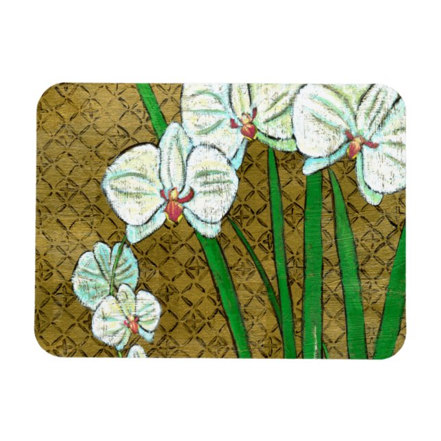 Weiße Blume und grüne Stiele an der braunen Grenze Magnet (Horizontal)
