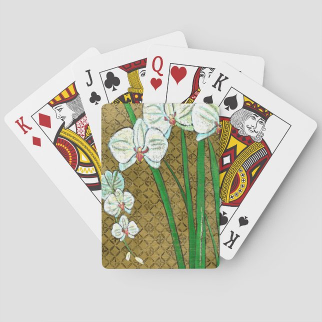 Weiße Blume und grüne Stiele an der braunen Grenze Spielkarten (Rückseite)