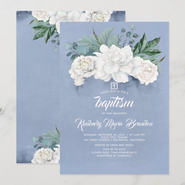 Weiße Blume und grüne Taufe Dusty Blue Einladung (Vorne/Hinten)