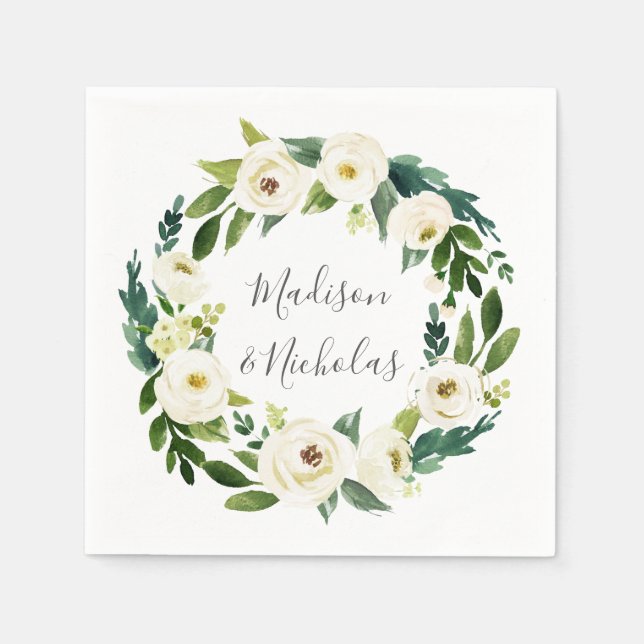 Weiße Blume und grüner Kranz Hochzeit von Napkins Serviette (Vorderseite)