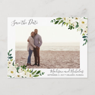 Weiße Blume und grünes Foto Save the Date Postkart Postkarte