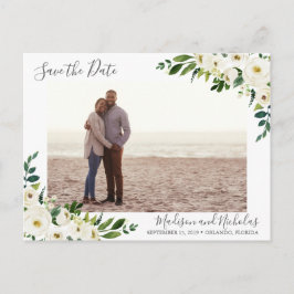 Weiße Blume und grünes Foto Save the Date Postkart Postkarte