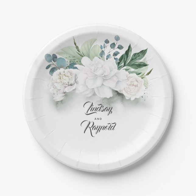 Weiße Blume und Grünpflanzen Bouquet Elegante Pappteller (Vorderseite)