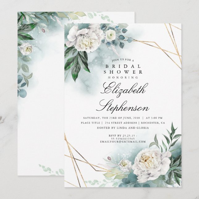Weiße Blume und Grünpflanzen Elegantes Brautparty Einladung (Vorne/Hinten)