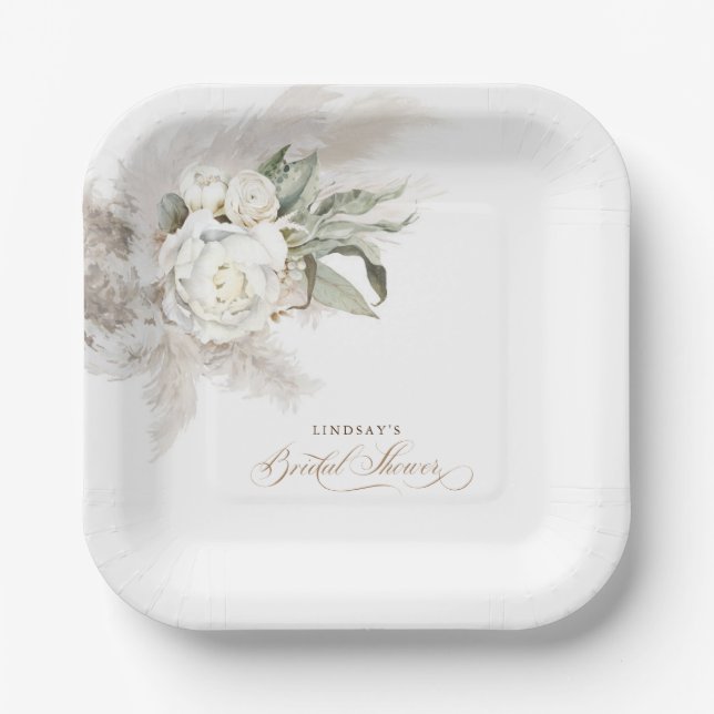 Weiße Blume und Pampas Grass Boho Brautparty Pappteller (Vorderseite)