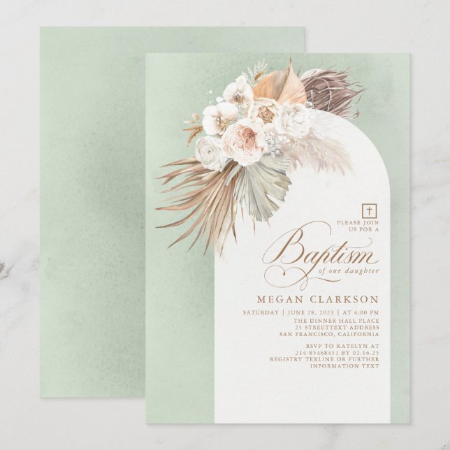 Weiße Blume und Pampas Grass Boho Taufe Einladung (Vorne/Hinten)