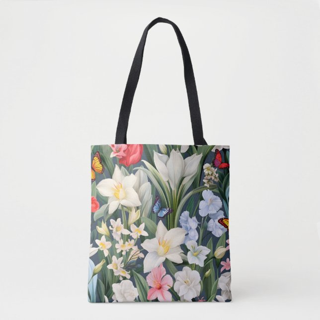 Weiße Blume und Schmetterlinge Tasche (Vorderseite)