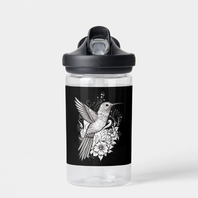 Weiße Blume Wasser Flasche (A clear water bottle featuring a detailed hummingbird illustration surrounded by floral designs.  )