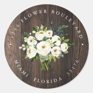 Weiße Blume Wood Bouquet Rustikale Rücksendeadress Runder Aufkleber