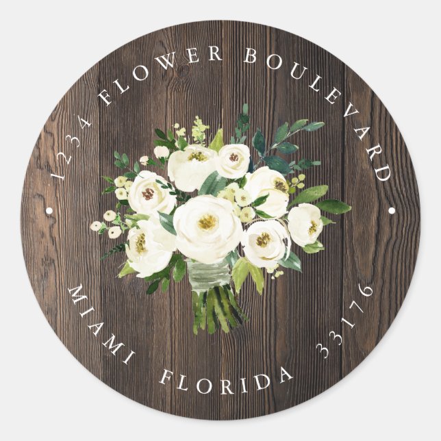 Weiße Blume Wood Bouquet Rustikale Rücksendeadress Runder Aufkleber (Vorderseite)