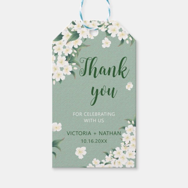 Weiße Blume zeigen grünes Chinoiserie Cloud Patter Geschenkanhänger (Vorderseite)