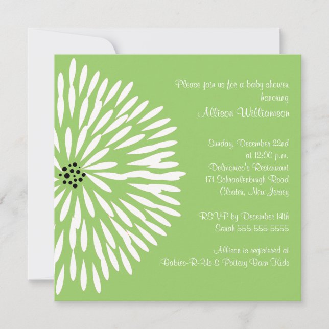Weiße Blume zur Einladung von Green Baby Shower (Vorderseite)