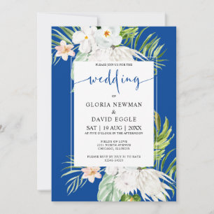 Weiße Blumen auf blauem Hintergrund Hochzeit Einladung