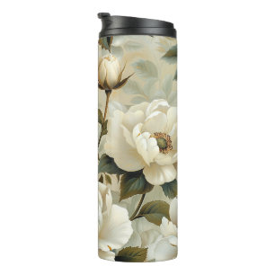 Weiße Blumen auf cremefarbenem Hintergrund. Thermosbecher