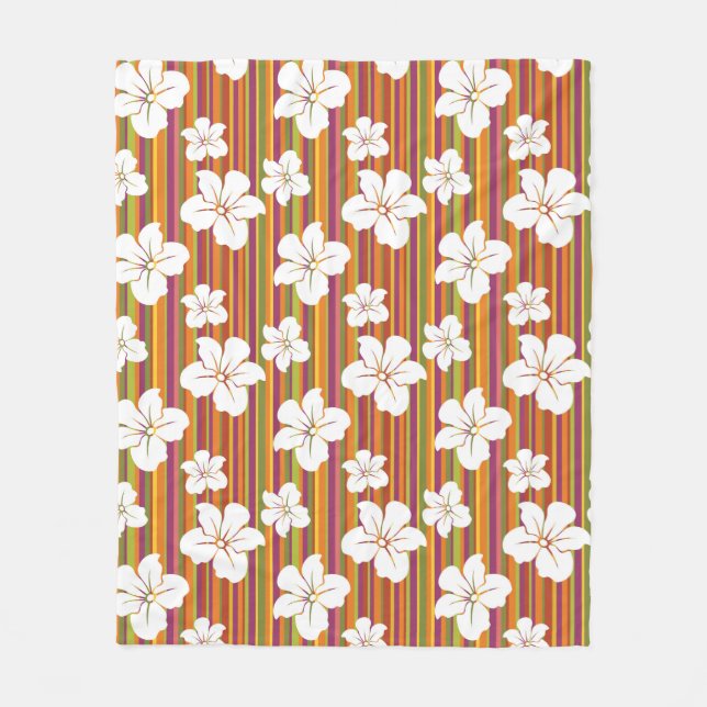 Weiße Blumen auf einem gestreiften Hintergrund Fleecedecke (Vorderseite)