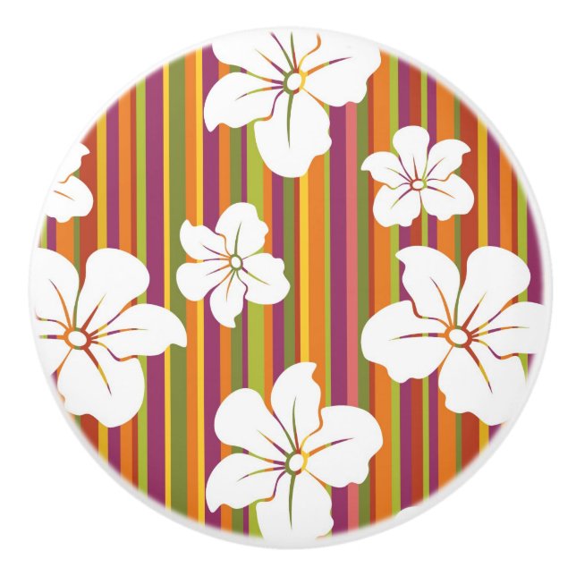 Weiße Blumen auf einem gestreiften Hintergrund Keramikknauf (Vorderseite)