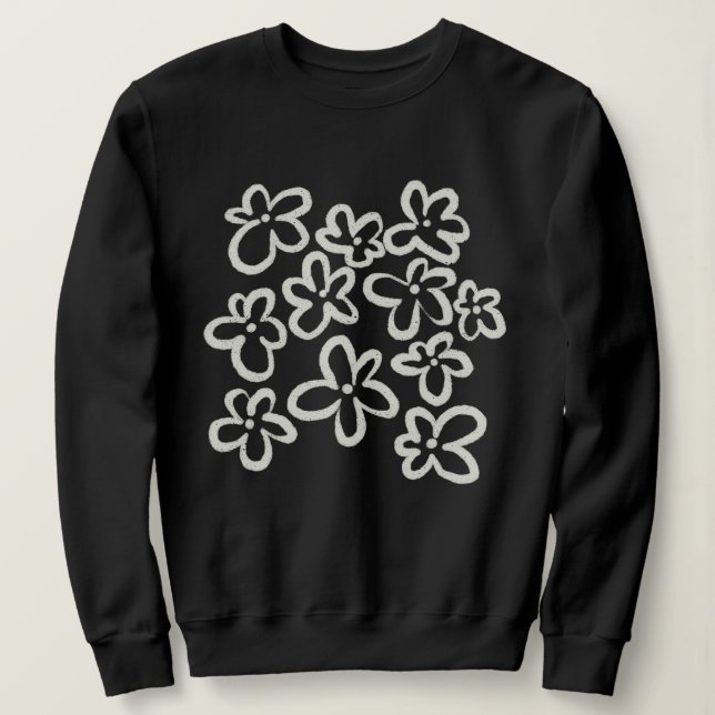 Weiße Blumen auf Schwarz Sweatshirt (Design vorne)