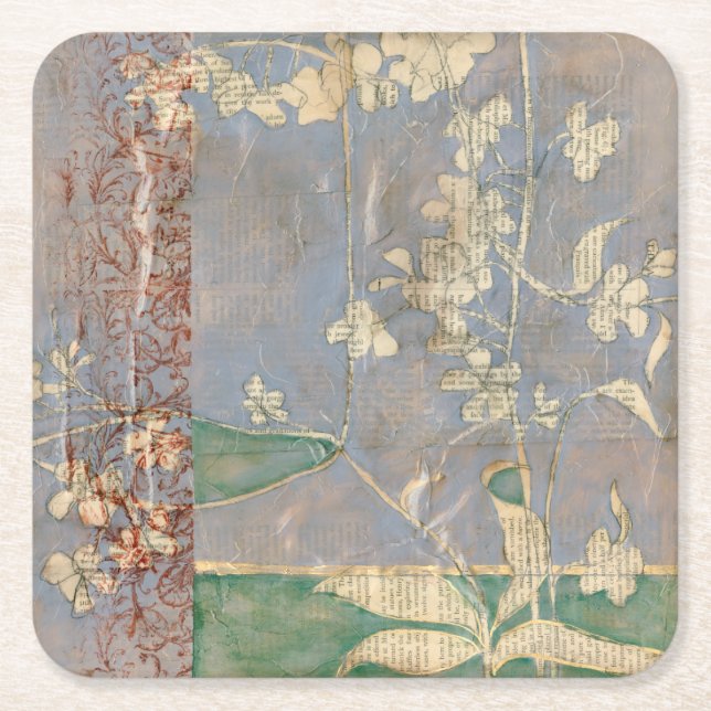 Weiße Blumen auf Zeitungspapier-Hintergrund Rechteckiger Pappuntersetzer (Vorderseite)