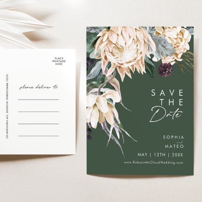 Weiße Blumen | Dunkelgrüne Save The Date Postkarte (Von Creator hochgeladen)