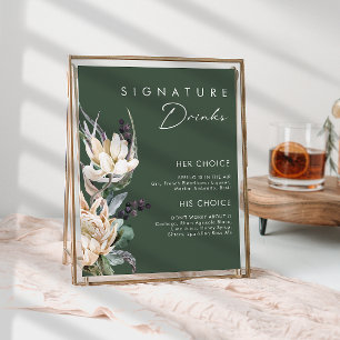 Weiße Blumen   Dunkelgrüne Signature-Drinks-Schild Poster