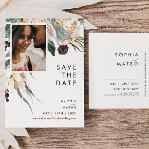 Weiße Blumen-Foto-Save-the-Date-Postkarte Einladungspostkarte