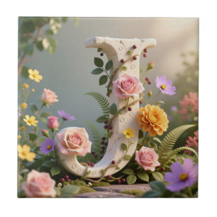Weiße Blumen-Garten-Monogramm Buchstabe J Fliese